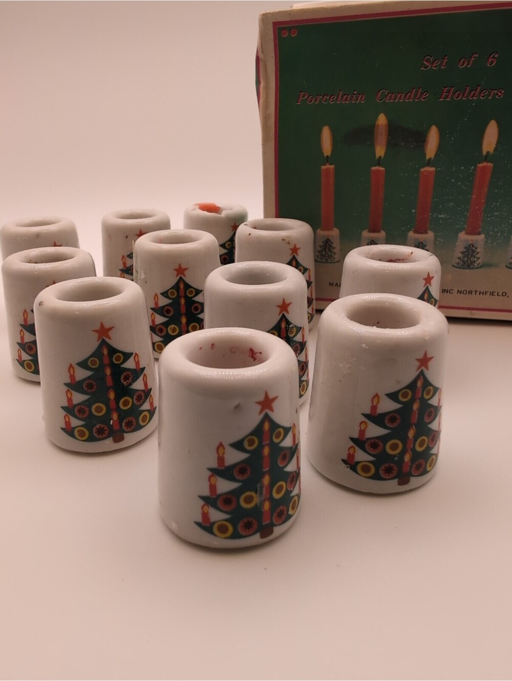 Vintage Christmas Miniature Porcelain Candle Holders Set Of 11 w/Original Box